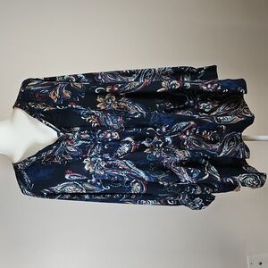 Melissa McCarthy Seven 3X Blouse Button Up Tie Neck Pockets Blue Paisley Boho